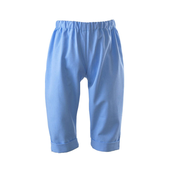 Babies blue cotton pull-on trousers, with back pocket and turn up cuff.