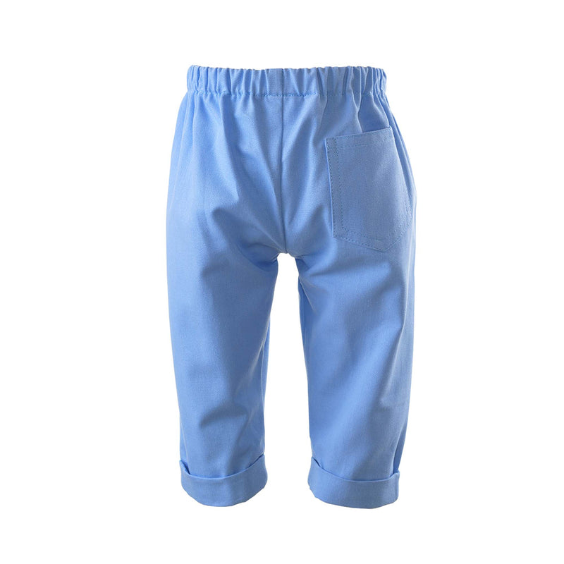 Babies blue cotton pull-on trousers, with back pocket and turn up cuff.