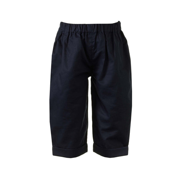 Babies navy cotton pull-on trousers, with back pocket and turn up cuff.