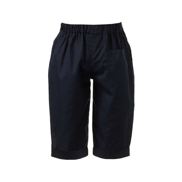 Babies navy cotton pull-on trousers, with back pocket and turn up cuff.