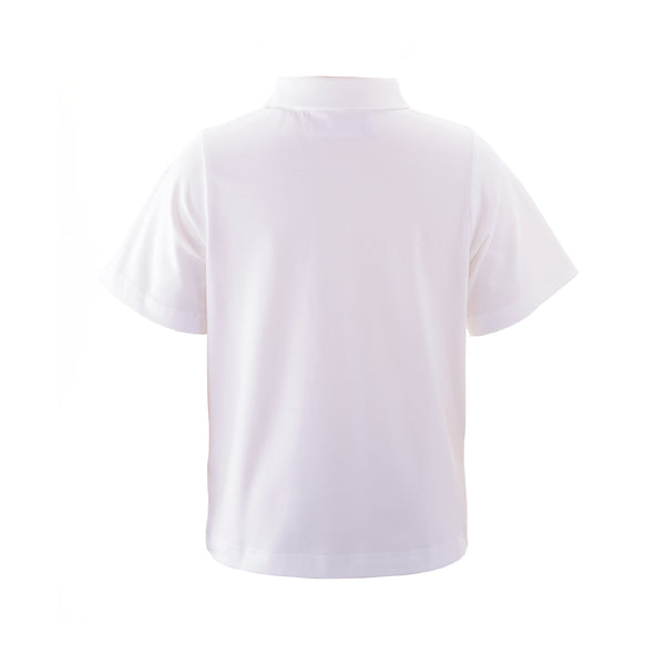 Baby boy white jersey polo shirt with short sleeves and buttons at the front.