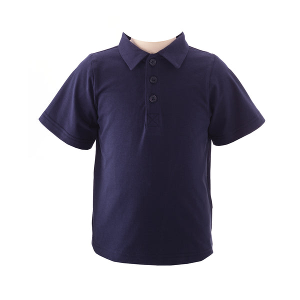 Baby boy navy jersey polo shirt with short sleeves and buttons at the front.
