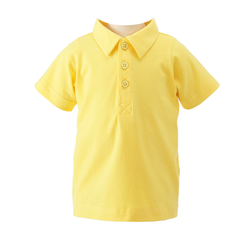 Baby boy yellow jersey polo shirt with short sleeves and buttons at the front.