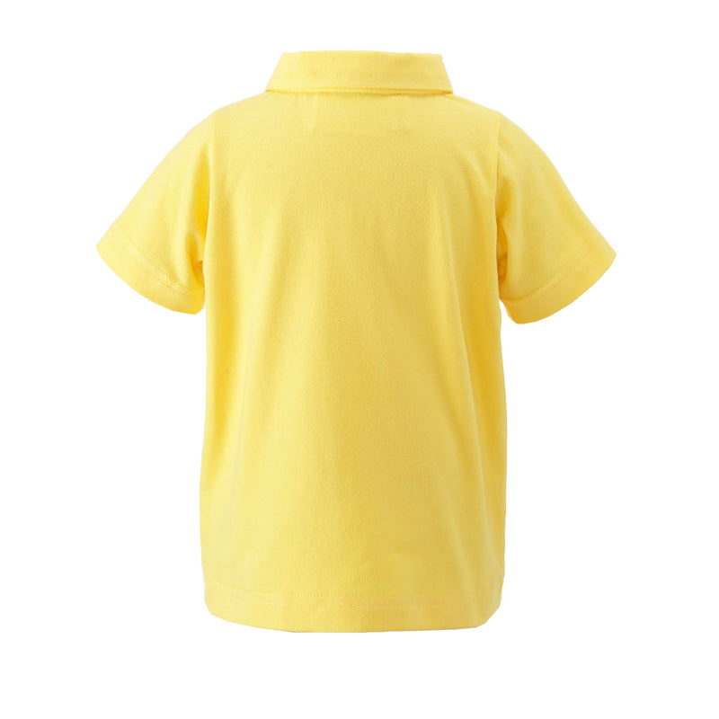 Baby boy yellow jersey polo shirt with short sleeves and buttons at the front.