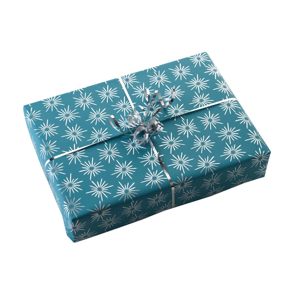Blue Retro Star Wrapping Paper & Silver Ribbon
