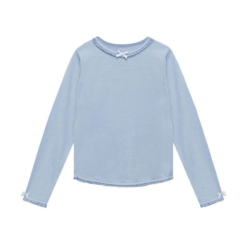 Lace and Bows Long Sleeve Dusty Blue Top