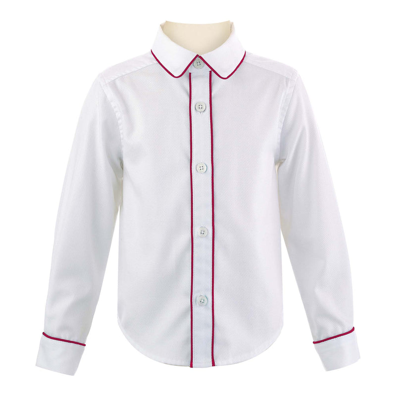 Boys white pique shirt, trimmed with burgundy pipping at collar edge, cufs and button placket.