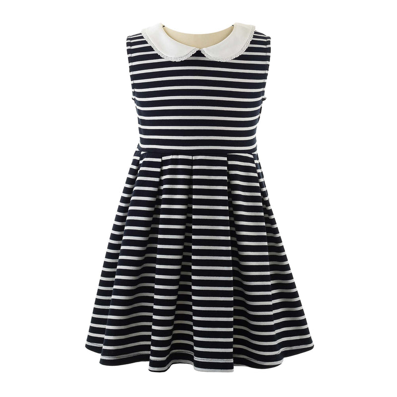 Girls jersey navy and white breton stripe dress, sleeveless with ivory peter pan collar.