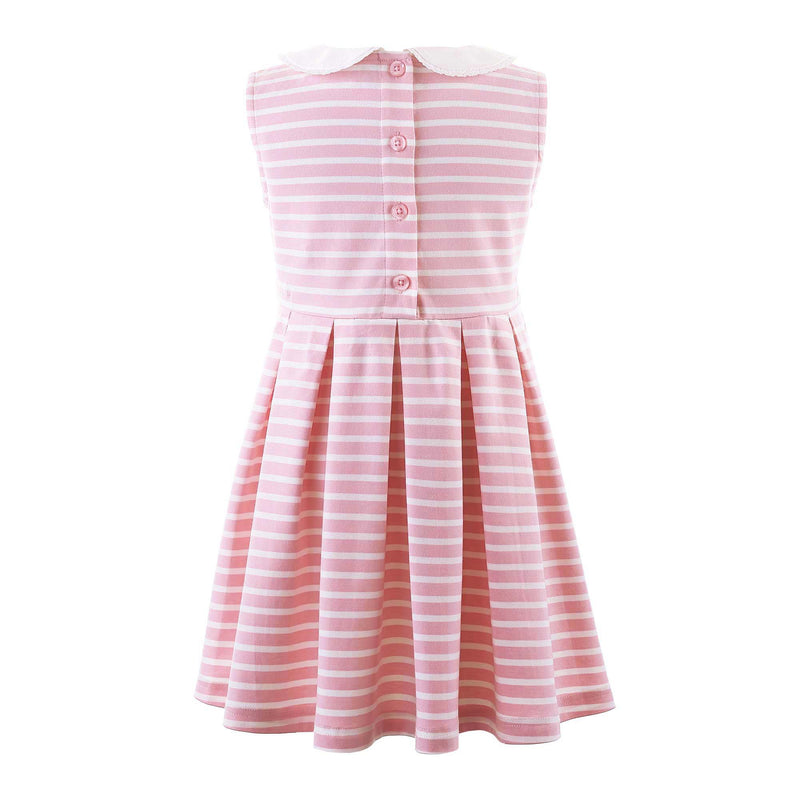 Girls pink and ivory striped jersey dress, with pleated skirt and contrasting peter pan collar.