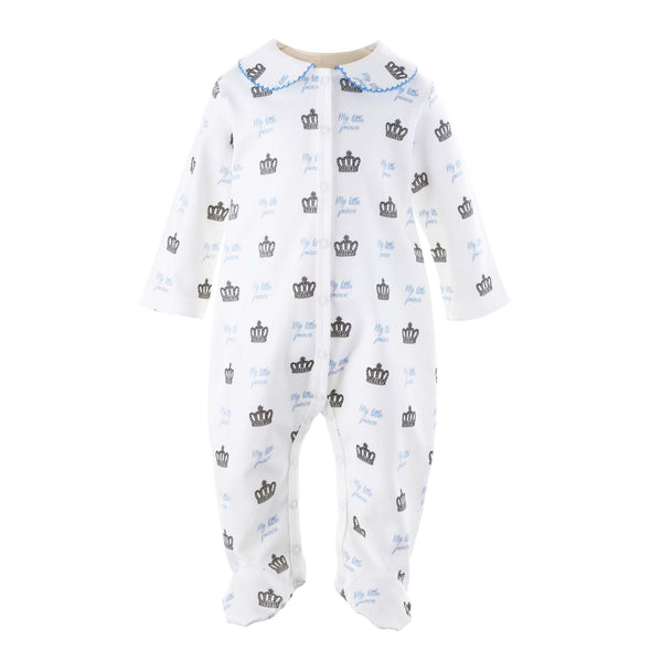 Soft cotton ivory babygro with My Little Prince print in blue and grey and blue picot trimmed collar