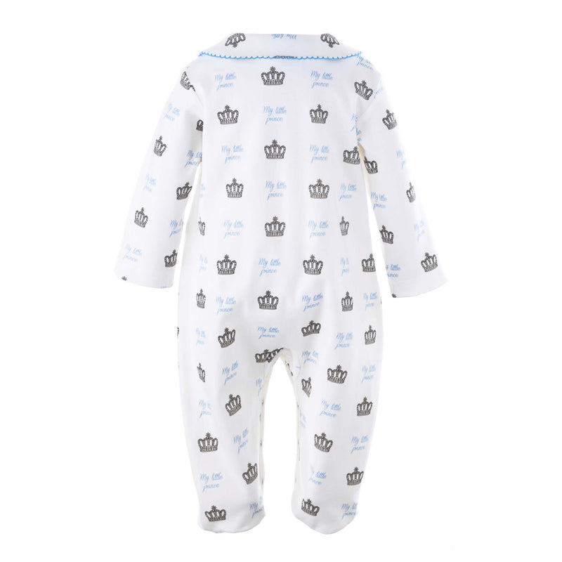 Soft cotton ivory babygro with My Little Prince print in blue and grey and blue picot trimmed collar