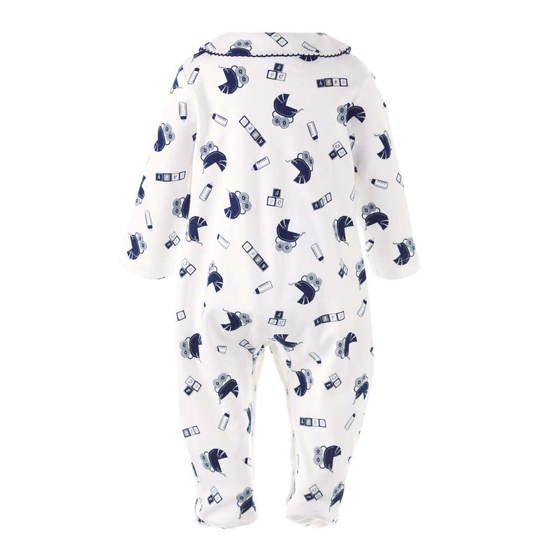 Soft cotton ivory babygro with navy pram print and navy picot trimmed peter pan collar.
