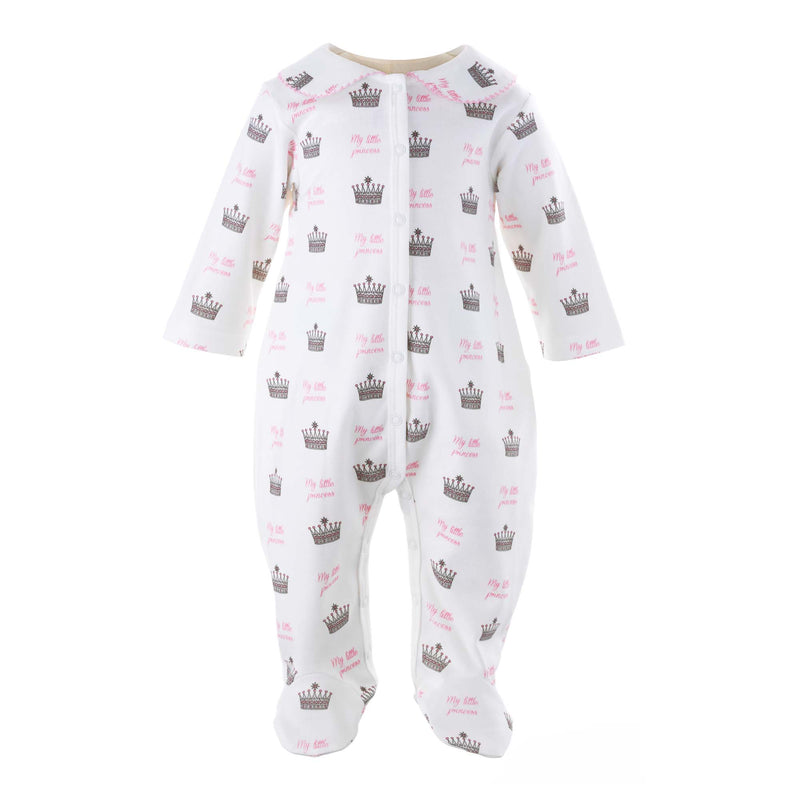 Ivory cotton babygro with My Little Princess print in pink and grey and pink picot trimmed collar