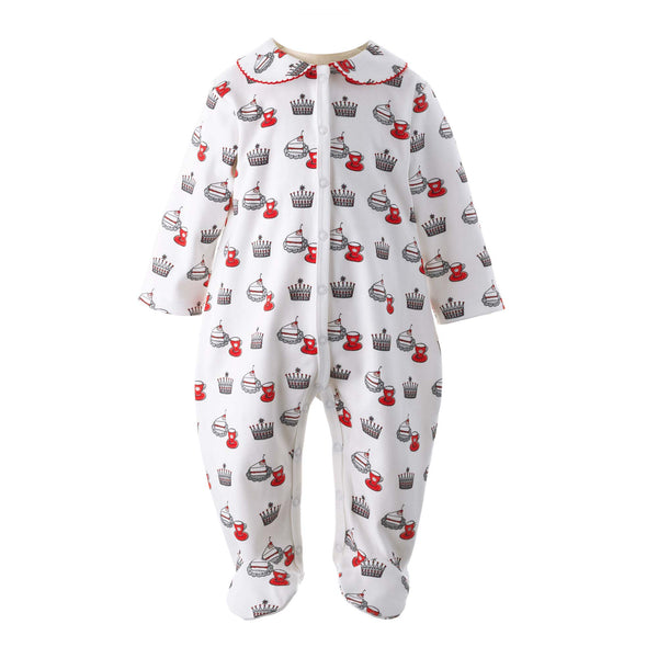 Ivory cotton babygro with royal tea party print in red and grey and red picot trimmed collar