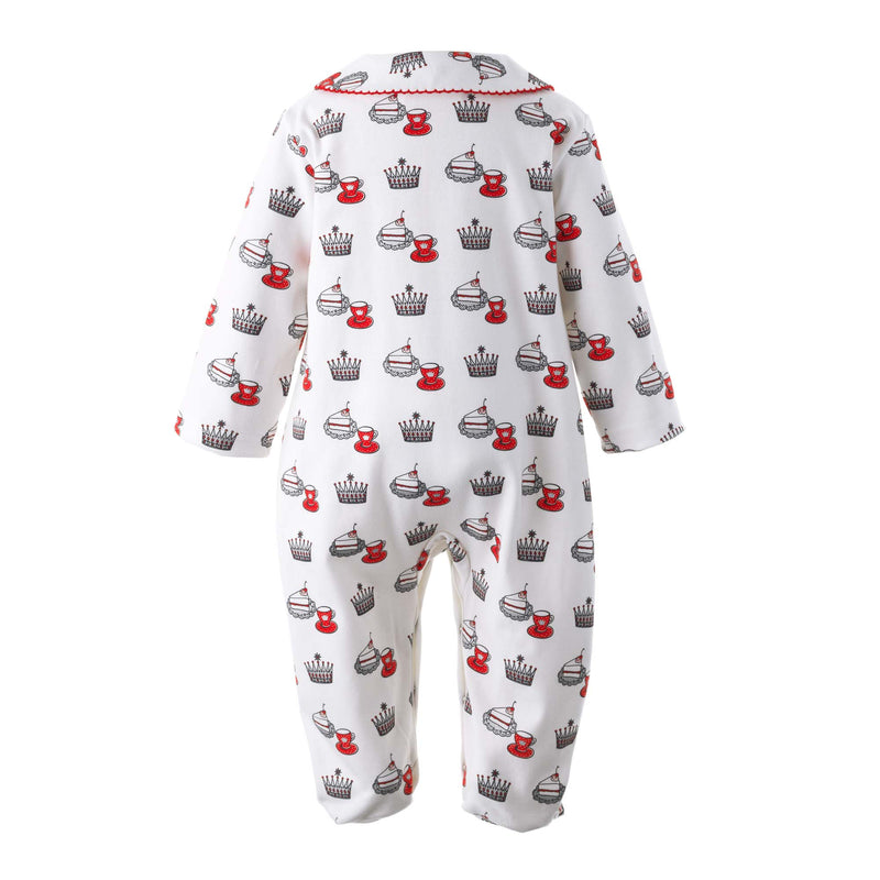 Ivory cotton babygro with royal tea party print in red and grey and red picot trimmed collar