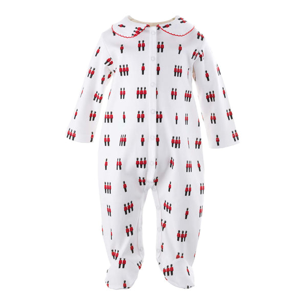 Soft cotton ivory babygro with soldier print in red and grey and red picot trimmed collar
