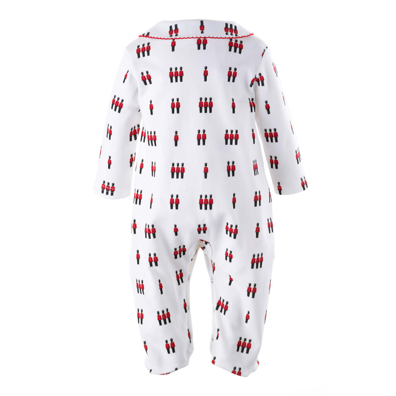Soft cotton ivory babygro with soldier print in red and grey and red picot trimmed collar
