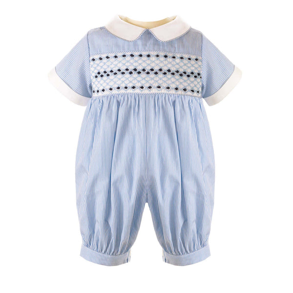 Blue striped babysuit with smocked geometric design across the chest, ivory collar and cuffs