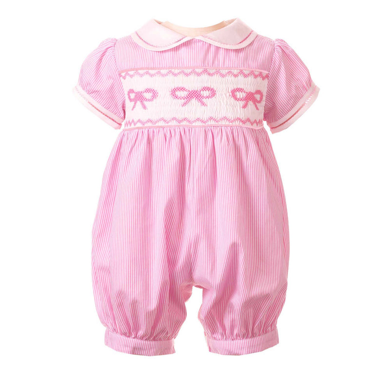 Pink and ivory striped babysuit with hand-embroidered bow across the chest and peter pan collar. 