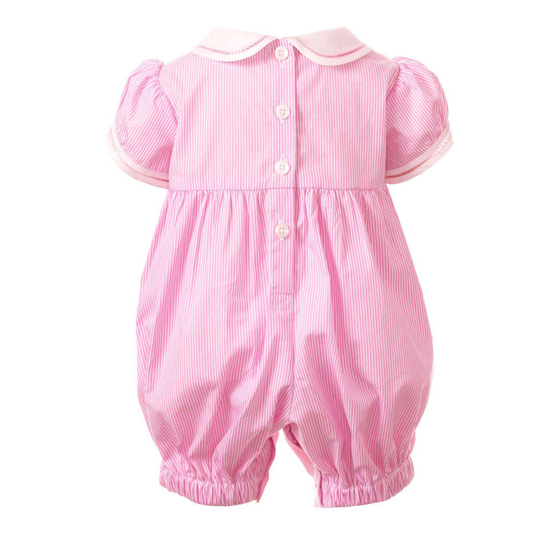 Pink and ivory striped babysuit with hand-embroidered bow across the chest and peter pan collar. 