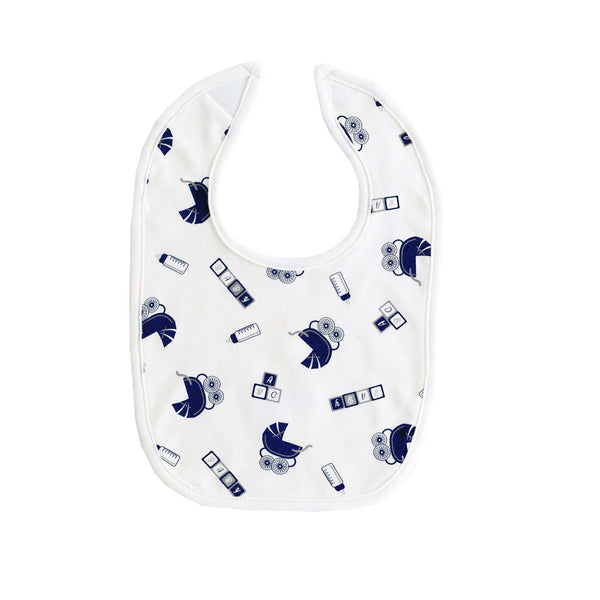 Soft jersey white bib with navy pram print and velcro closure.