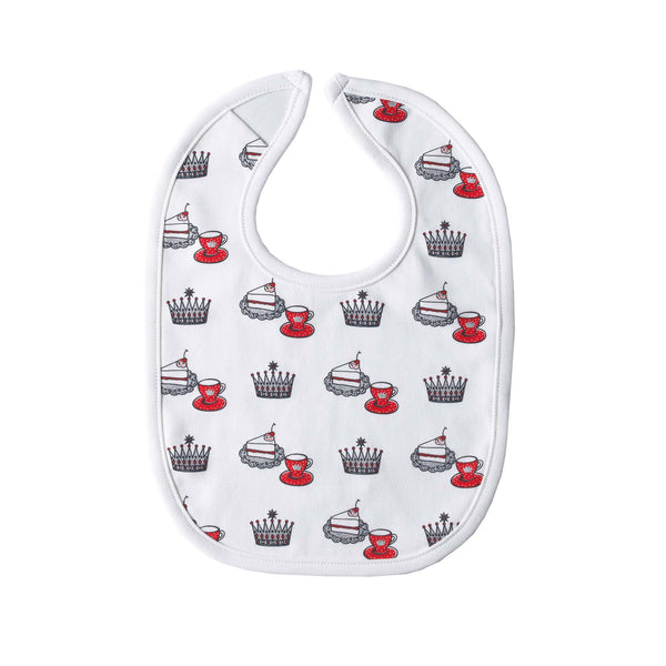 Soft jersey white bib with red and grey royal tea party print and velcro closure.