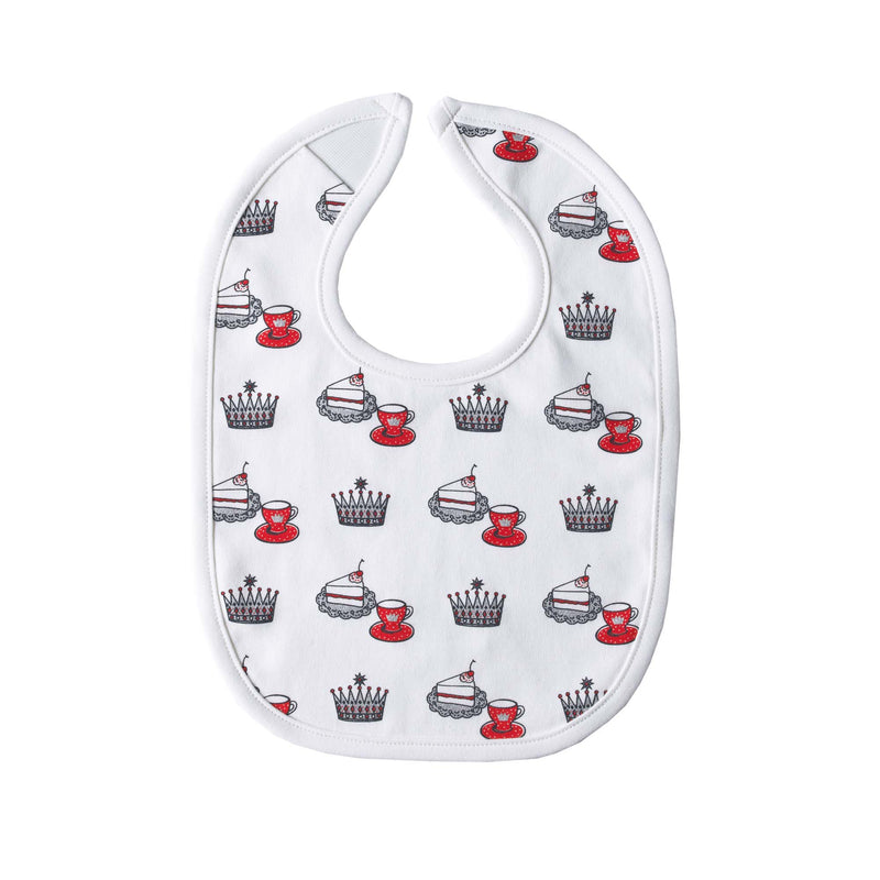 Soft jersey white bib with red and grey royal tea party print and velcro closure.