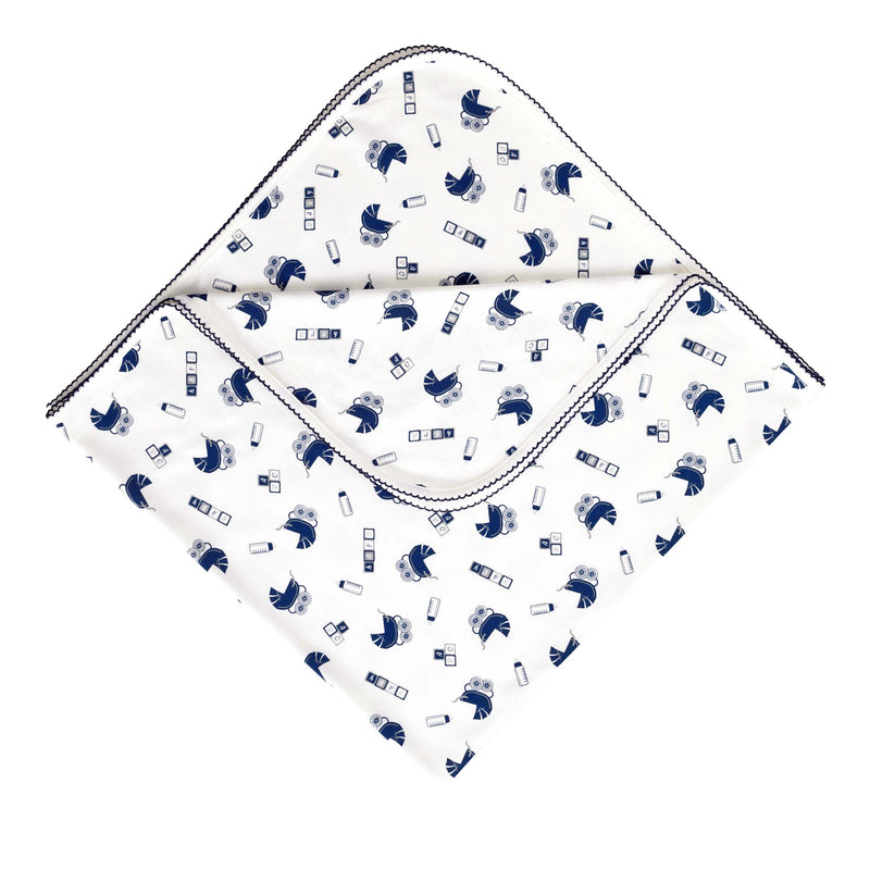 Soft cotton interlock blanket with navy pram print on white base, with navy picot trim.