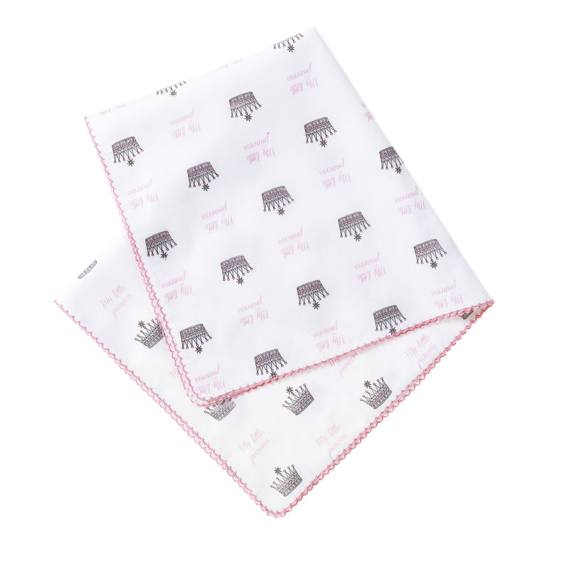 Cotton sheet measuring 95 x 95cm with pink and grey My Little Princess crown print and pink picot trim
