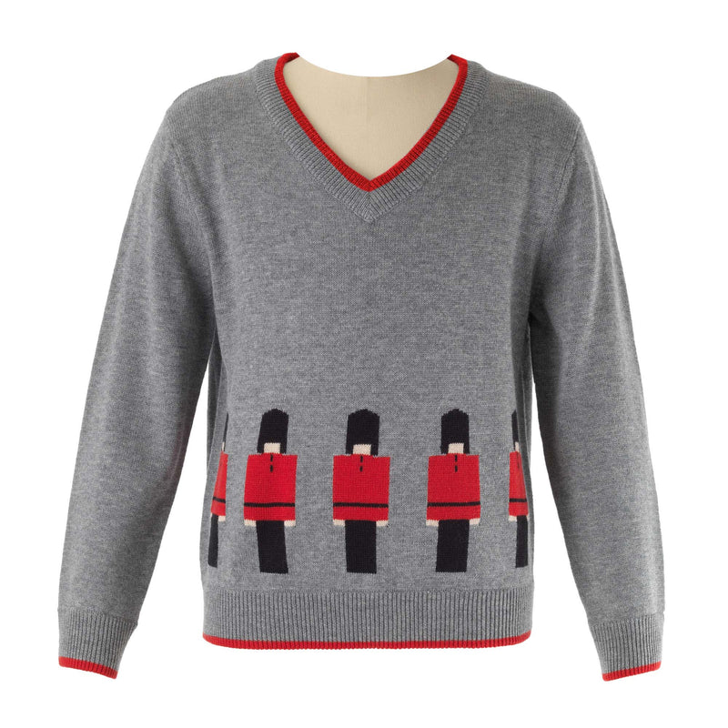 Boys grey sweater with soldier intarsia design, ribbed red v-neck, waistband and cuffs