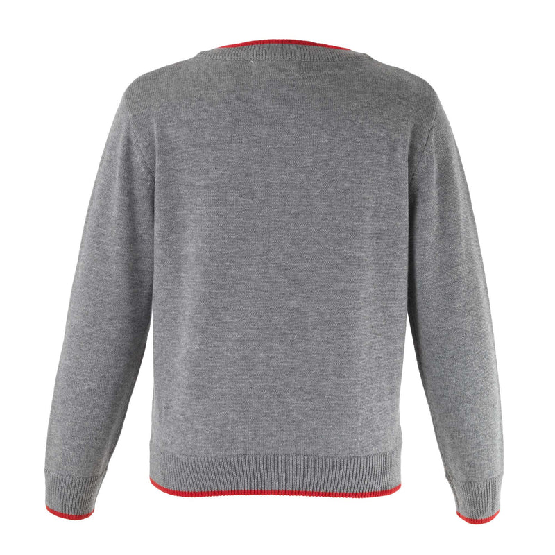 Boys grey sweater with soldier intarsia design, ribbed red v-neck, waistband and cuffs