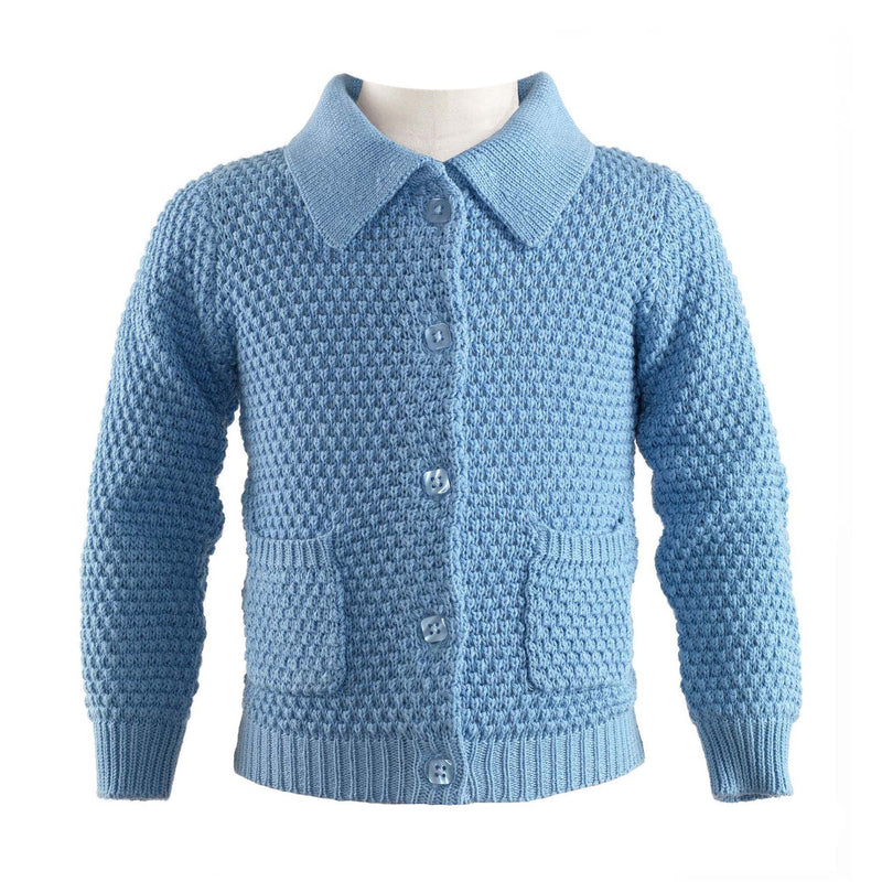 Boys blue moss stitch cardigan with a collar, pockets and pearl button front to fasten.