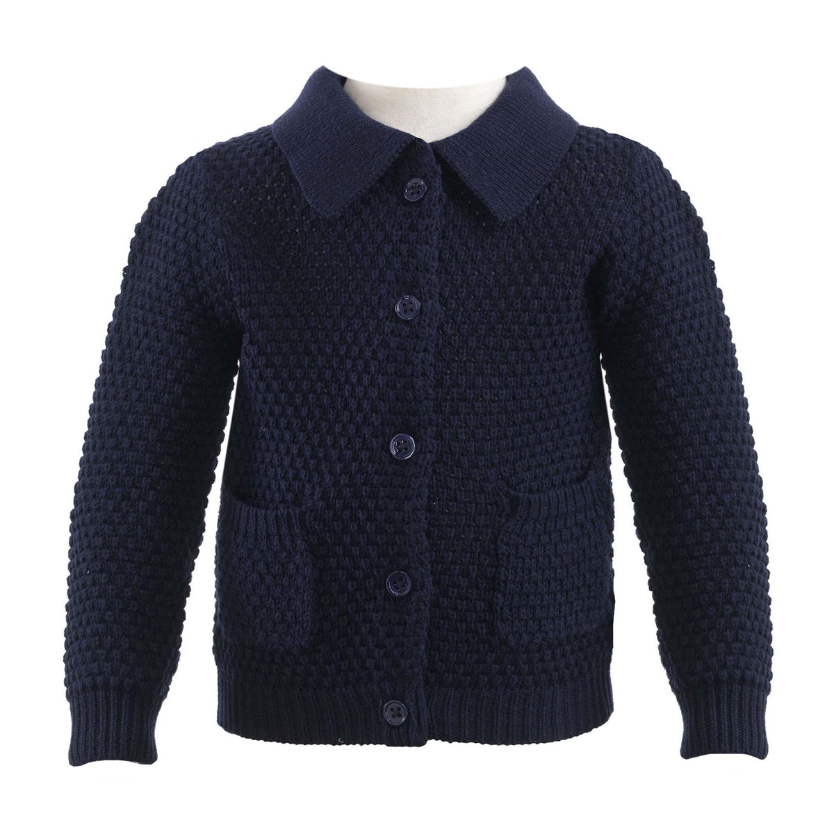 Boys navy moss stitch cardigan with a collar, pockets and pearl button front to fasten.