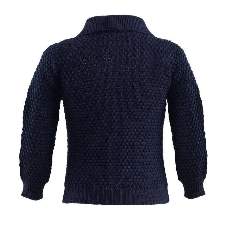 Boys navy moss stitch cardigan with a collar, pockets and pearl button front to fasten.