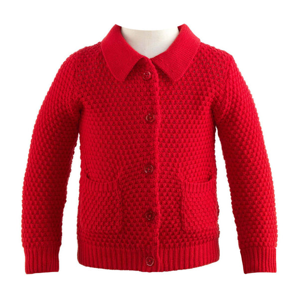 Boys red moss stitch cardigan with a collar, pockets and pearl button front to fasten.