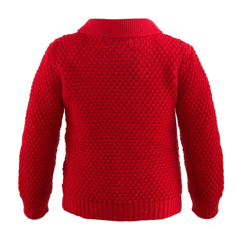 Boys red moss stitch cardigan with a collar, pockets and pearl button front to fasten.
