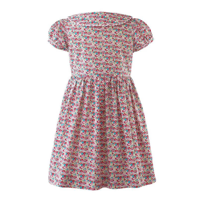 Girls ditsy floral button-front dress with puff sleeves, coordinating ricrac trims and buttons.