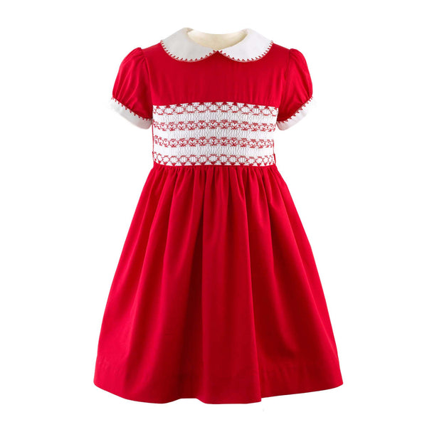 Girls red smocked dress with ivory peter pan collar and short puff sleeves.