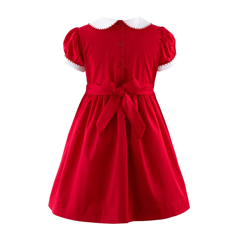 Girls red smocked dress with ivory peter pan collar and short puff sleeves.