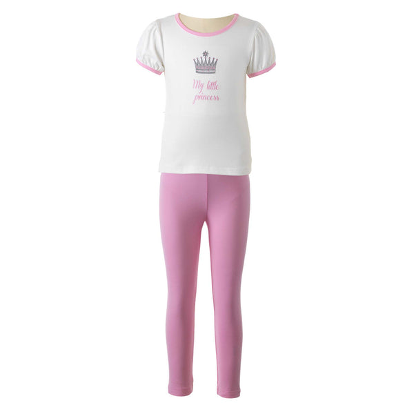 Girls jersey ivory t-shirt with crown motif and "My Little Princess" text on and pink leggings set.