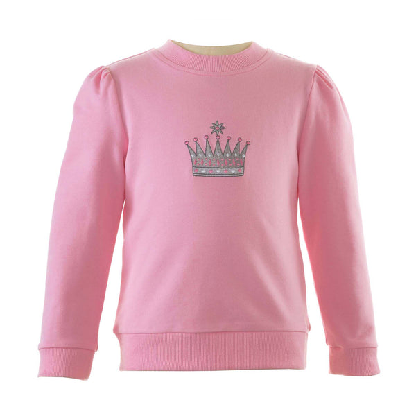 Girls pink jersey sweatshirt with embroidered crown motif at the chest, gathered shoulders and ribbed cuffs and hem.