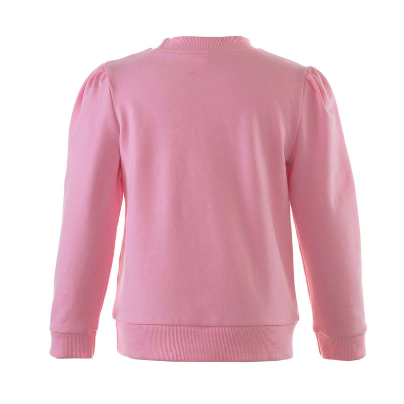 Girls pink jersey sweatshirt with embroidered crown motif at the chest, gathered shoulders and ribbed cuffs and hem.