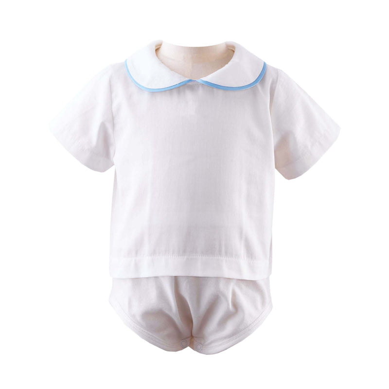 Blue piping peter pan collar white shirt with jersey body.