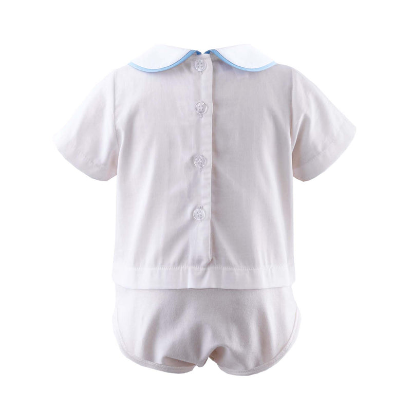 Blue piping peter pan collar white shirt with jersey body.