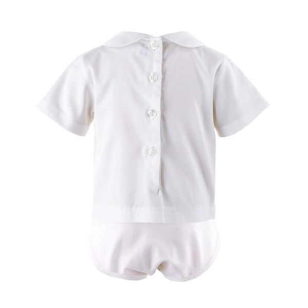 Ivory piping peter pan collar shirt with jersey body.