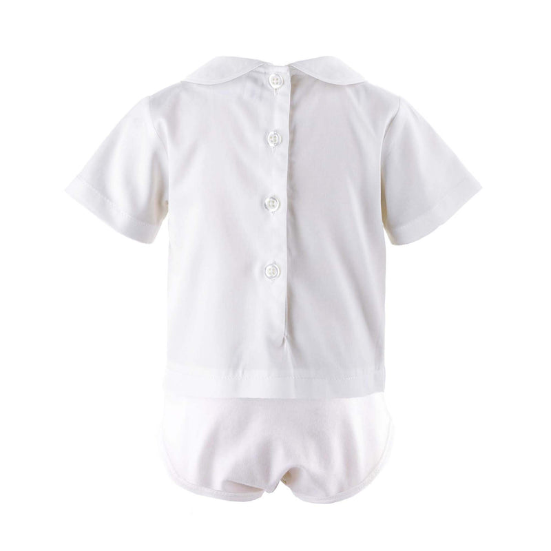 Ivory piping peter pan collar shirt with jersey body.