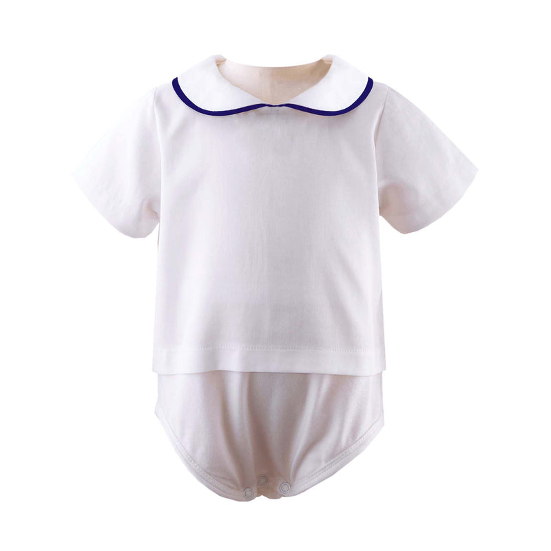 Navy piping peter pan collar white shirt with jersey body.