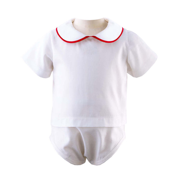 red piping peter pan collar white shirt with jersey body.