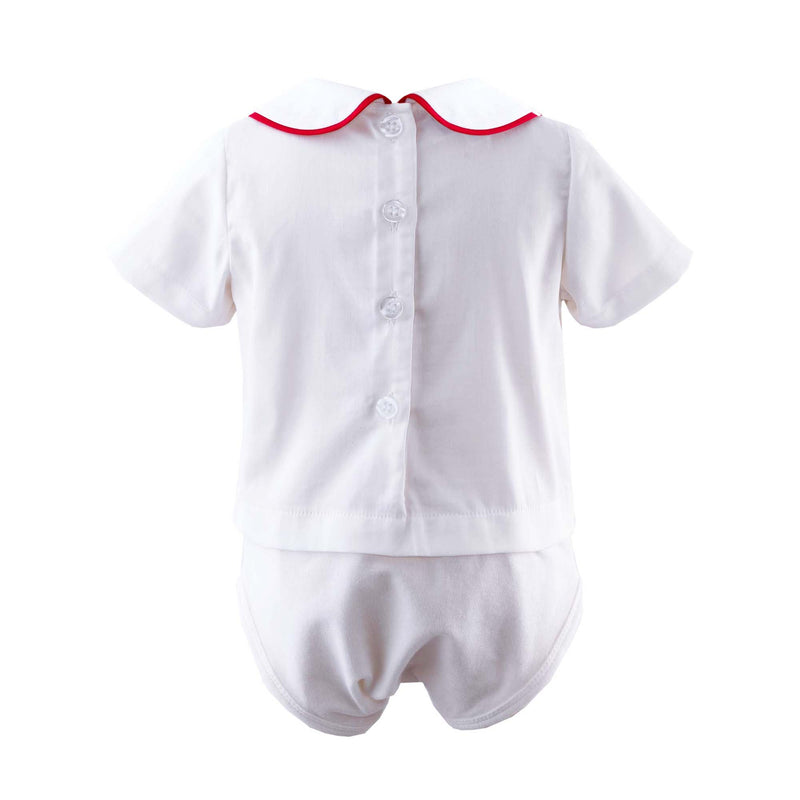 red piping peter pan collar white shirt with jersey body.