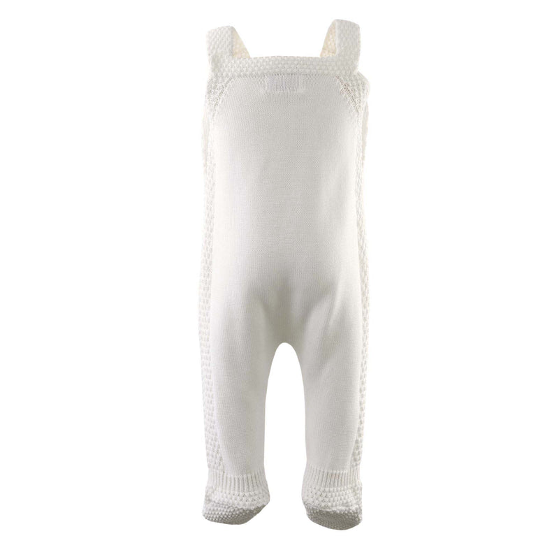 Ivory moss stitch knitted romper with adjustable straps and both sides button opening.